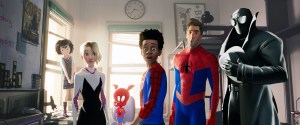 SPIDER-MAN: INTO THE SPIDER-VERSE, From left: Peni (voice: Kimiko Glenn), Spider-Gwen (voice: Hailee Steinfeld), Spider-Ham (voice: John Mulaney), Miles Morales (voice: Shameik Moore), Peter Parker (voice: Jake Johnson), Spider-Man Noir (voice: Nicolas Cage), 2018. © Columbia Pictures / courtesy Everett Collection