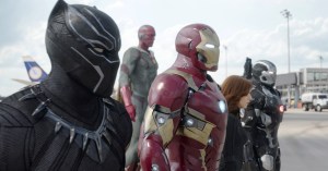 CAPTAIN AMERICA: CIVIL WAR, l-r: Chadwick Boseman (as Black Panther/T'Challa), Paul Bettany (as Vision), Robert Downey Jr. (as Iron Man/Tony Stark), Scarlett Johansson (as Black Widow/Natasha Romanoff), Don Cheadle, 2016. ph: Zade Rosenthal / TM & © 2016 Marvel. All rights reserved. / © Walt Disney Studios Motion Pictures / courtesy Everett Collection