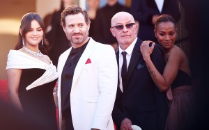 CANNES, FRANCE - MAY 18: (L-R) Selena Gomez, Édgar Ramírez, Jacques Audiard and Zoe Saldana attend the "Emilia Perez" Red Carpet at the 77th annual Cannes Film Festival at Palais des Festivals on May 18, 2024 in Cannes, France. (Photo by Cindy Ord/Getty Images)