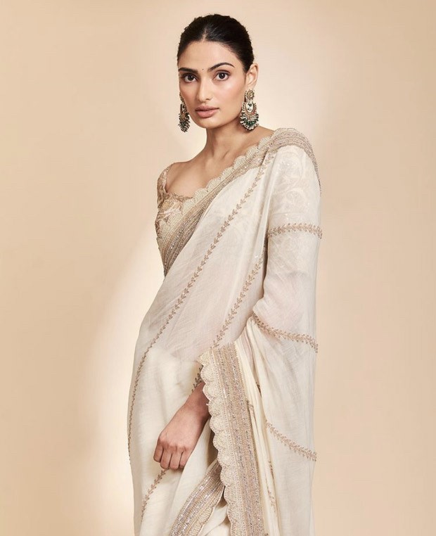 Athiya Shetty goes all traditional in an ivory and gold saree by Anamika Khanna in latest photoshoot