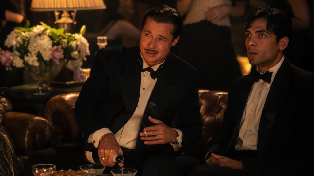 Brad Pitt plays Jack Conrad and Diego Calva plays Manny Torres in Paramount Pictures' Babylon.