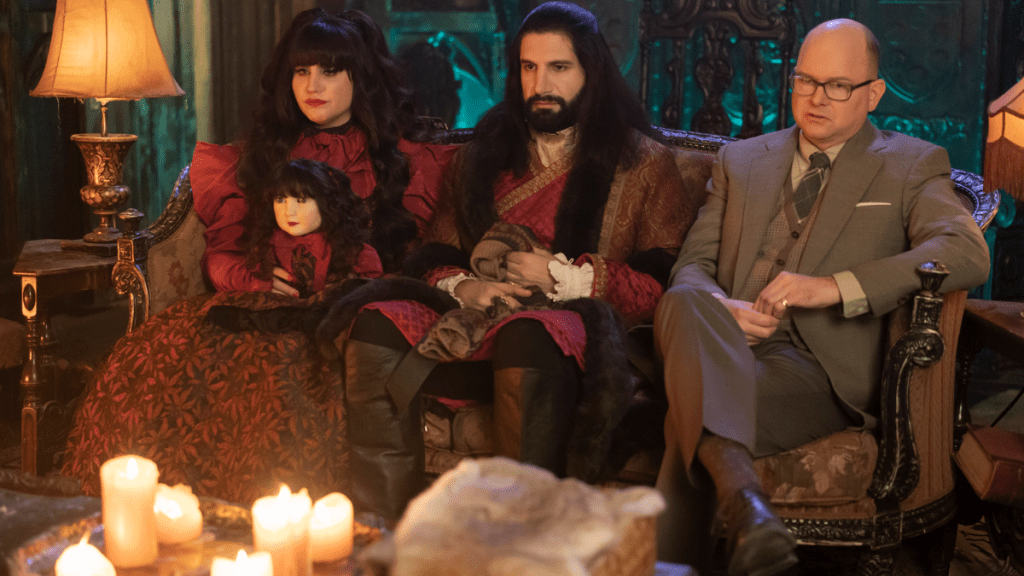 Natasia Demetriou, Kayvan Novak and Mark Proksch in "What We Do in the Shadows" (FX)