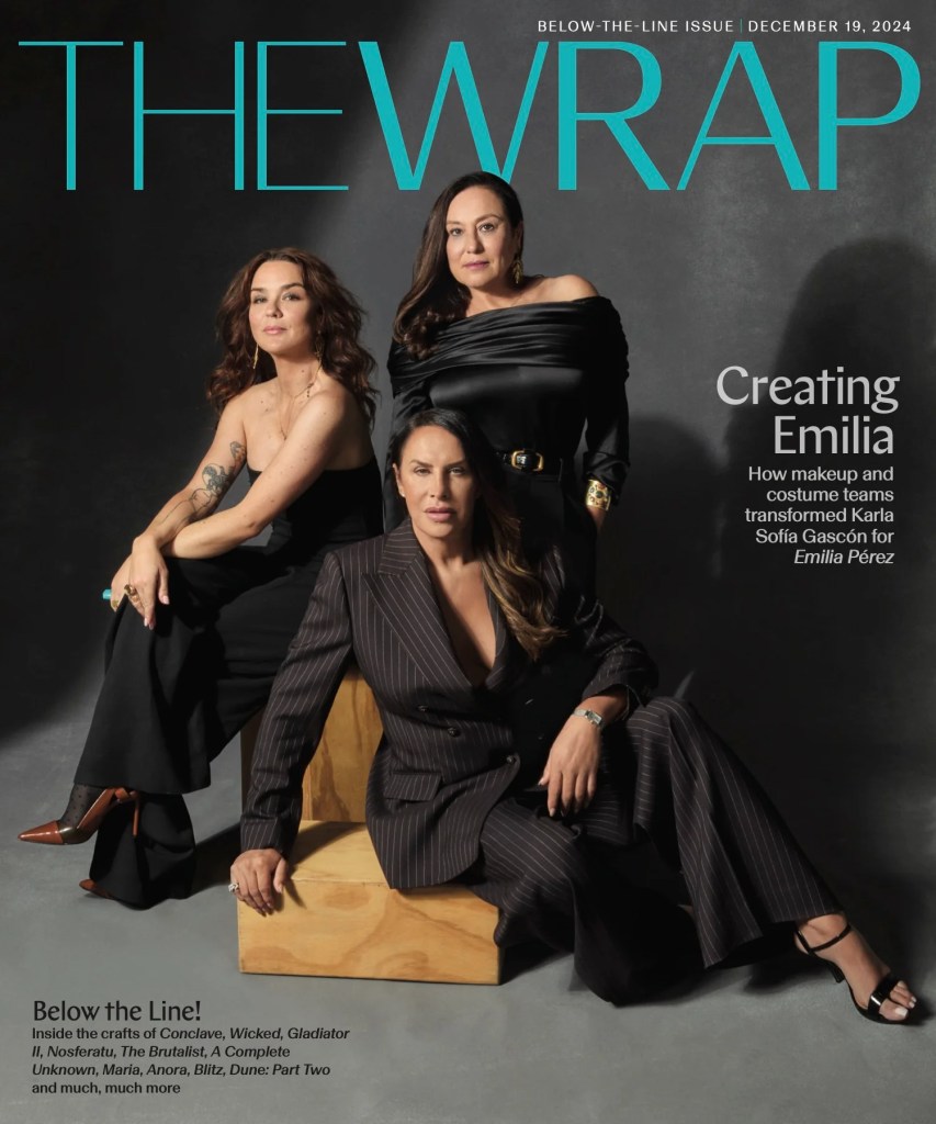 "Emilia Pérez" makeup department head Julia Floch-Carbonel, Karla Sofía Gascón and costume designer Virginie Montel (Martha Galvan for TheWrap)